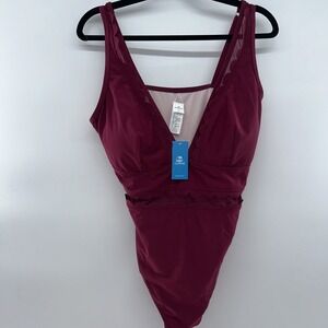 Cupshe 2X NWT One Piece Women's Swimsuit Burgundy Adjustable Straps, Sheer Mid